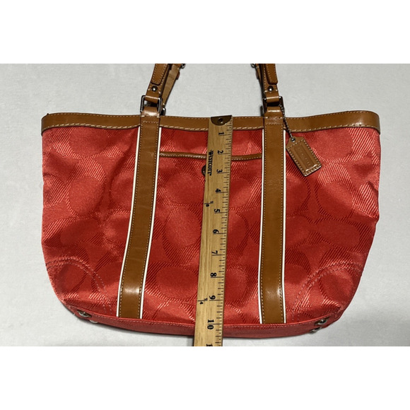 Coach Signature Gallery Tote Bag Coral & Brown Leather Trim Zip Travel F13560 - Picture 14 of 16
